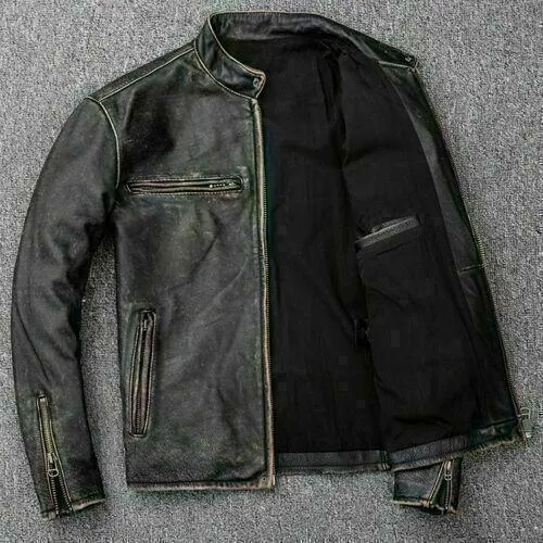 Men’s Motorcycle Biker Vintage Distressed Black Faded Real Leather Jacket