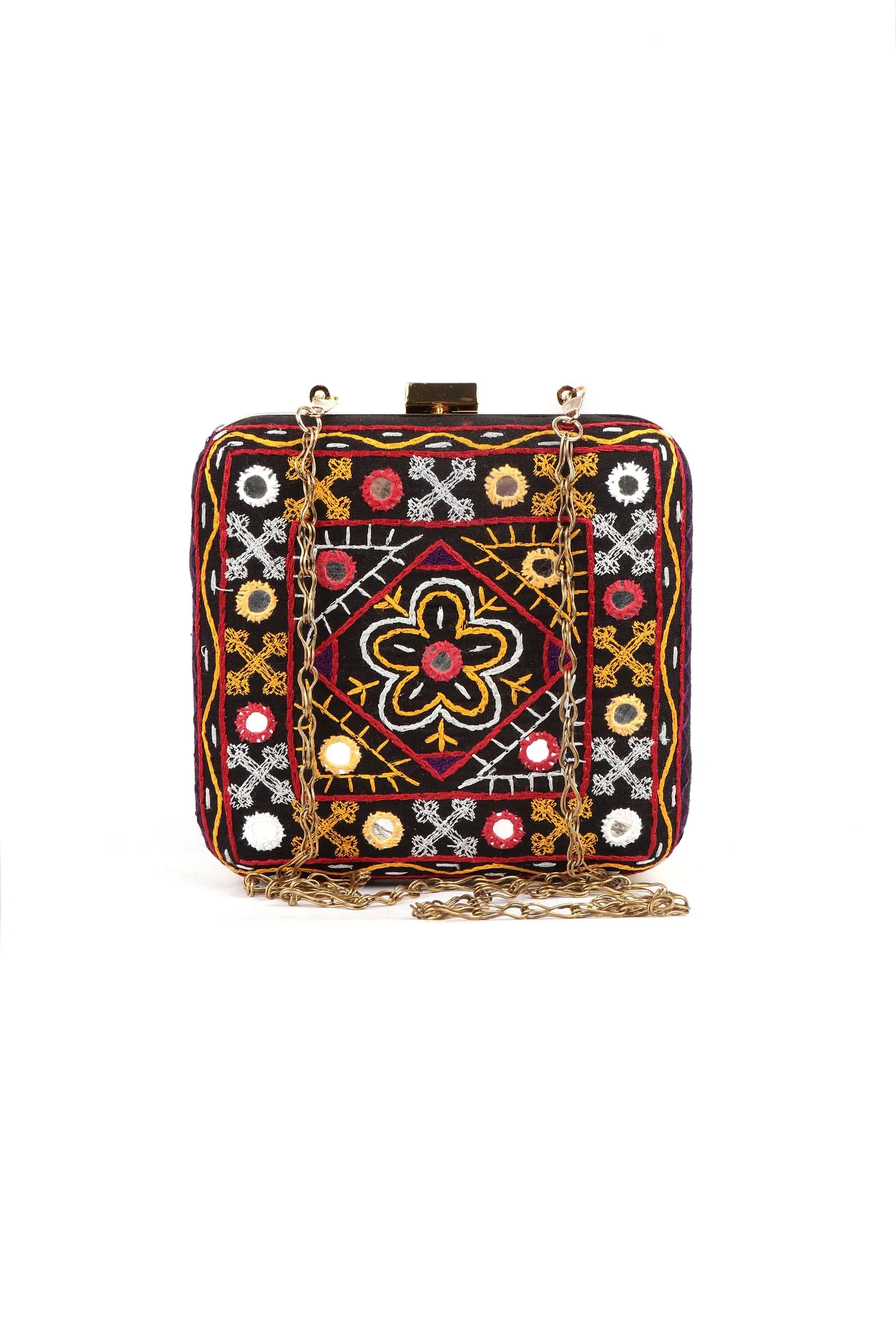 Nur Orange & Multi Kutch Embroidered Square Box Clutch