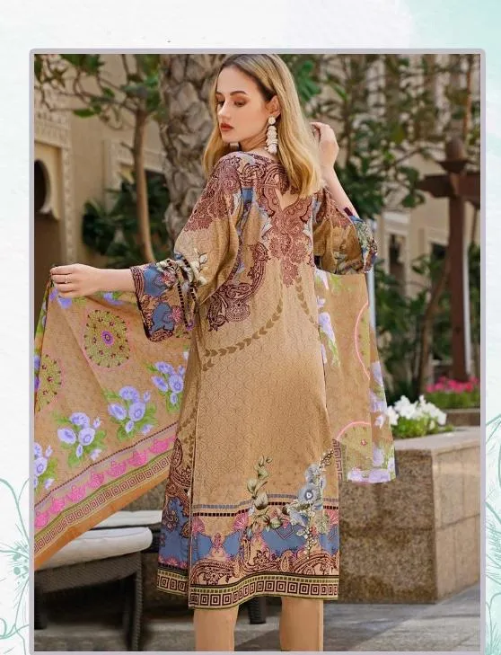 Pakistani Style Unstitched Beige Lawn Cotton Suit Material