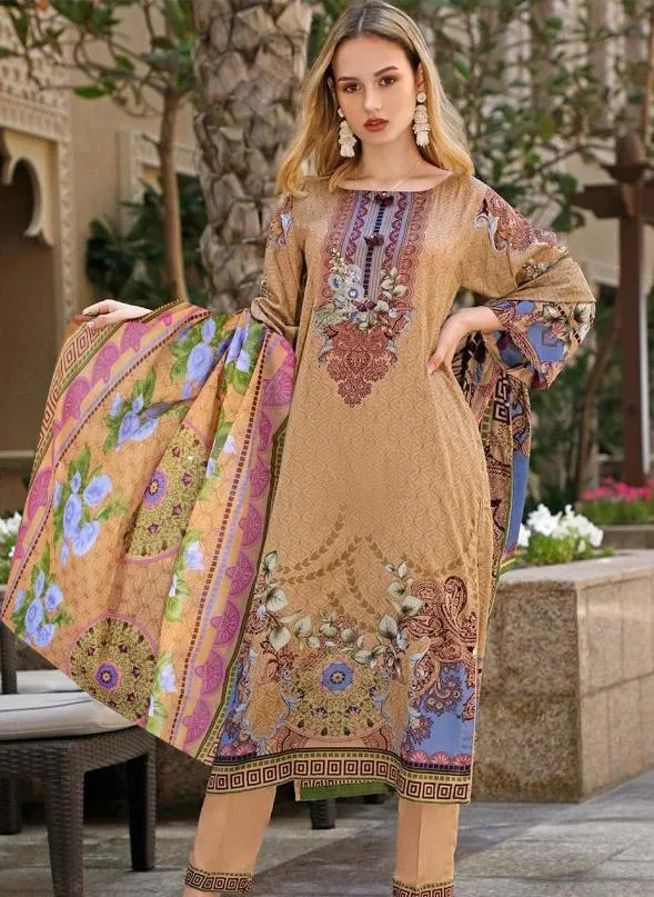 Pakistani Style Unstitched Beige Lawn Cotton Suit Material