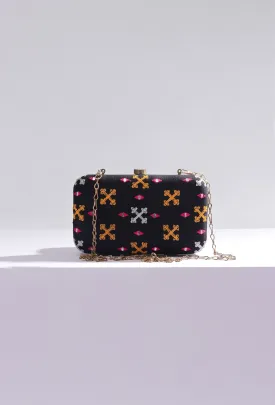 Parisa Black & Multi Kutch Embroidered Rectangular Box Clutch