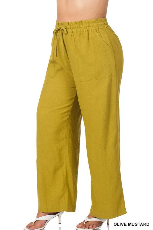 PLUS LINEN DRAWSTRING-WAIST PANTS WITH POCKETS