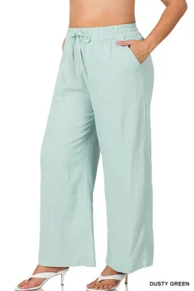 PLUS LINEN DRAWSTRING-WAIST PANTS WITH POCKETS