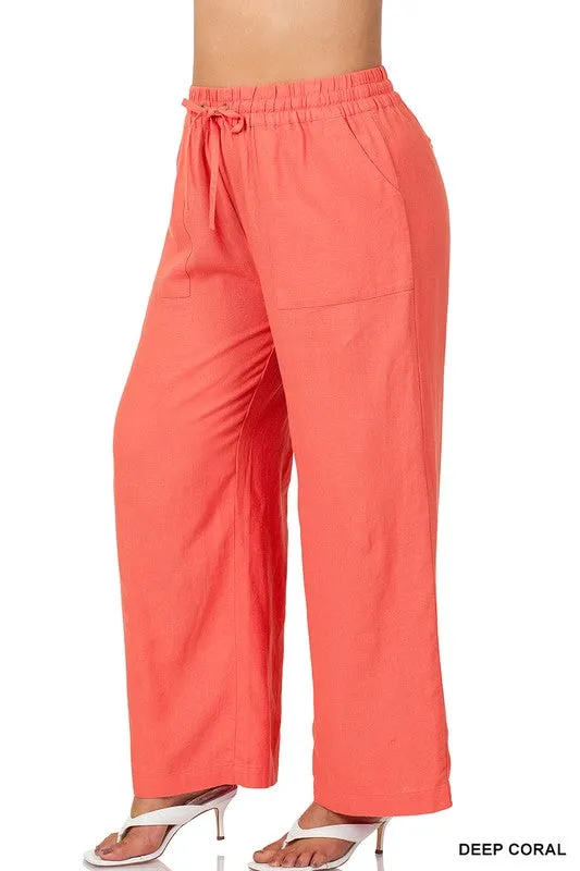 PLUS LINEN DRAWSTRING-WAIST PANTS WITH POCKETS