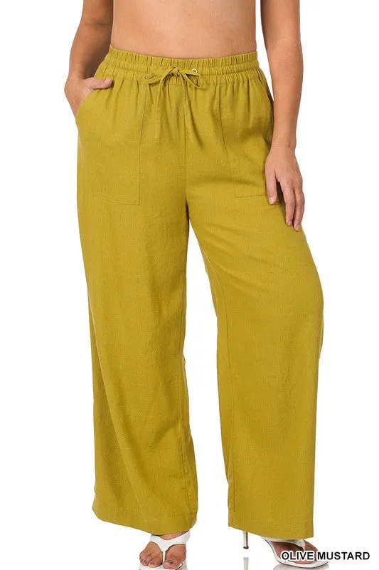 PLUS LINEN DRAWSTRING-WAIST PANTS WITH POCKETS