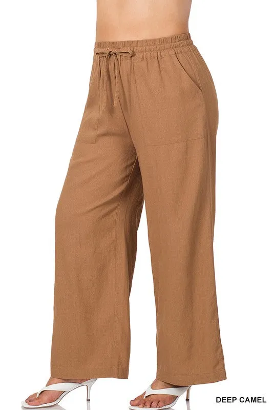 PLUS LINEN DRAWSTRING-WAIST PANTS WITH POCKETS