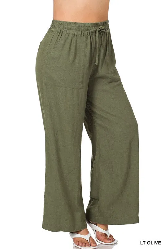 PLUS LINEN DRAWSTRING-WAIST PANTS WITH POCKETS