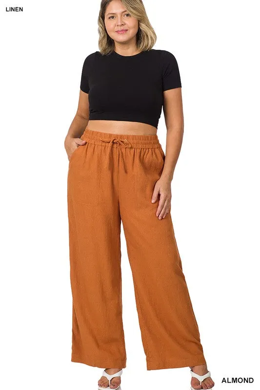 PLUS LINEN DRAWSTRING-WAIST PANTS WITH POCKETS