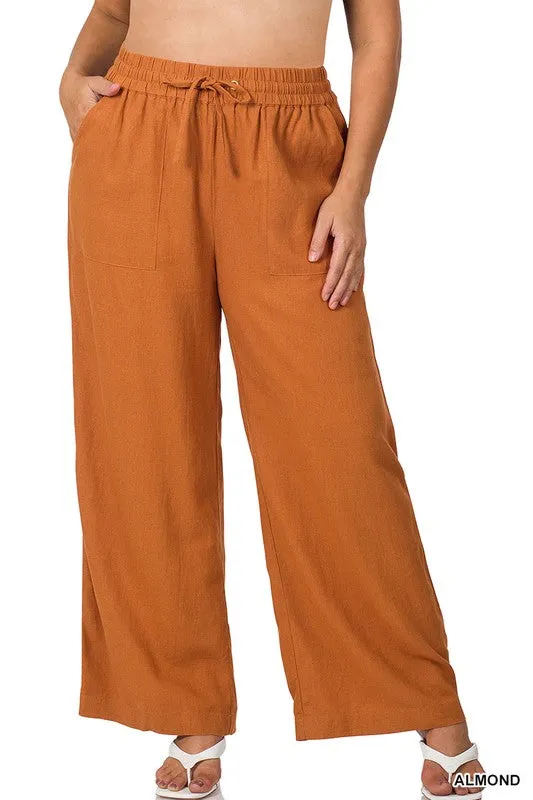 PLUS LINEN DRAWSTRING-WAIST PANTS WITH POCKETS