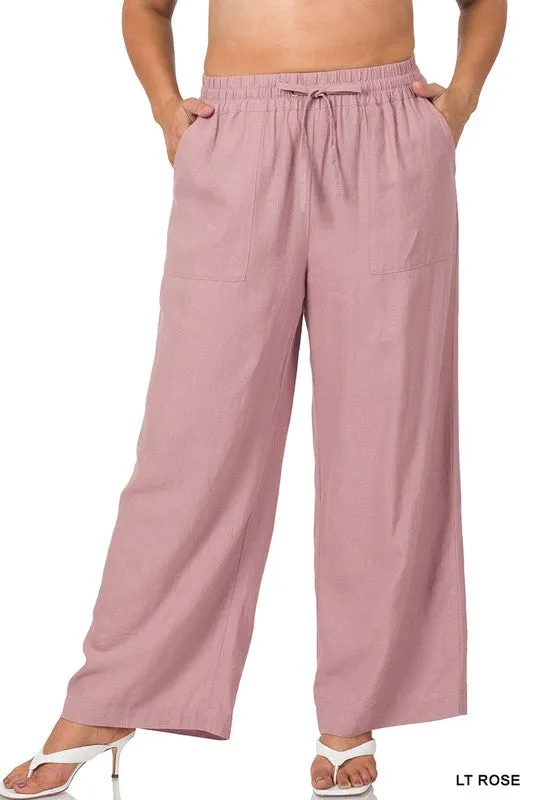 PLUS LINEN DRAWSTRING-WAIST PANTS WITH POCKETS