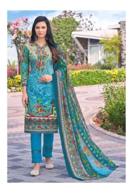 Printed Lawn Cotton Blue Pakistani Dress Material for Ladies