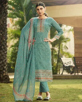 Pure Cotton Unstitched Green Salwar Suits With Chiffon Dupatta