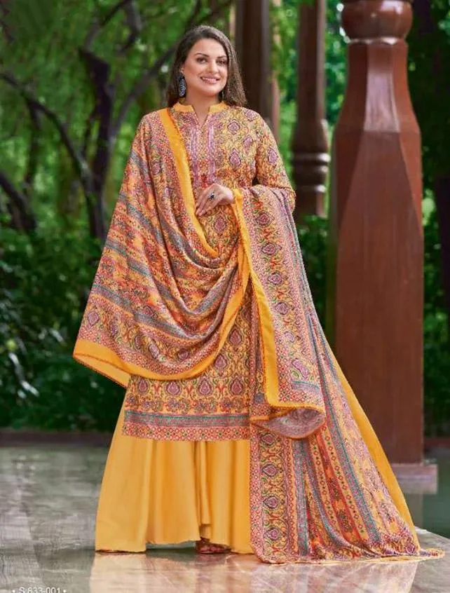 Pure Wool Pashmina Yellow Winter Unstitched Suits with Shawl Dupatta