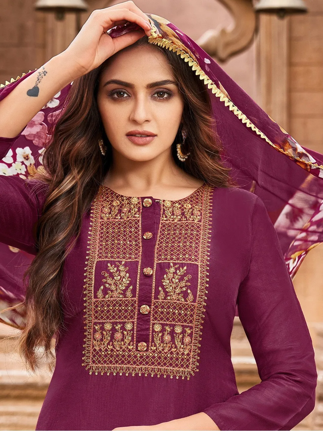 Purple Embroidered Unstitched Cotton Suit for Ladies