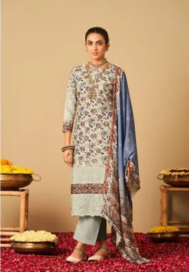 Rayon Pashmina Unstitched Cream Winter Printed Suits Set with Embroidery