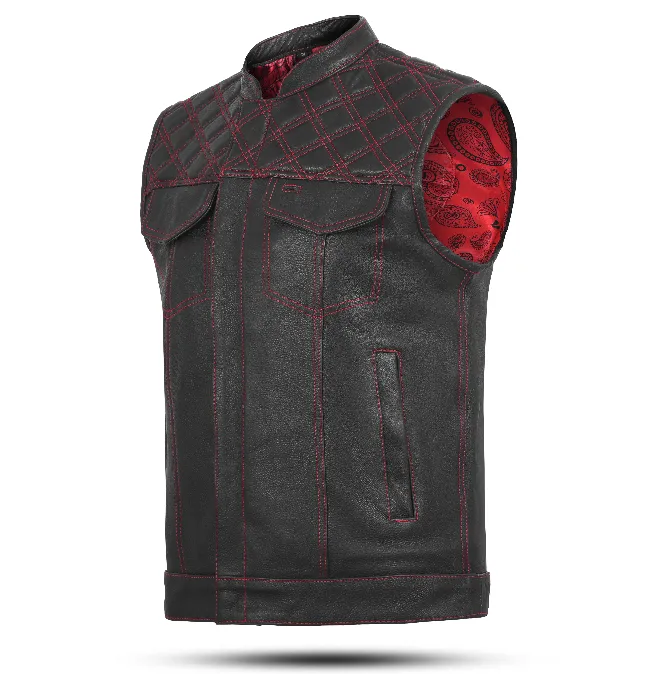 RED black men cross stich vest , HL11693SPTRED black men , club leather vest ,men western American black men  leather vest ,USA stock leather vest