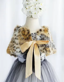 RIBBON BOW SHOULDER WRAP SOFT FAUX FUR SHAWL - Black / Gold