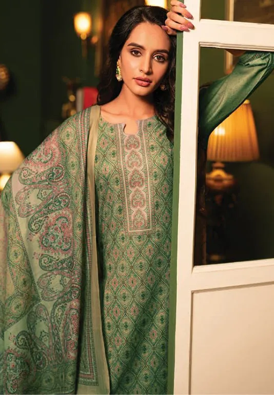 Rivaa Green Unstitched Pashmina Winter Suits Dress Material for Ladies