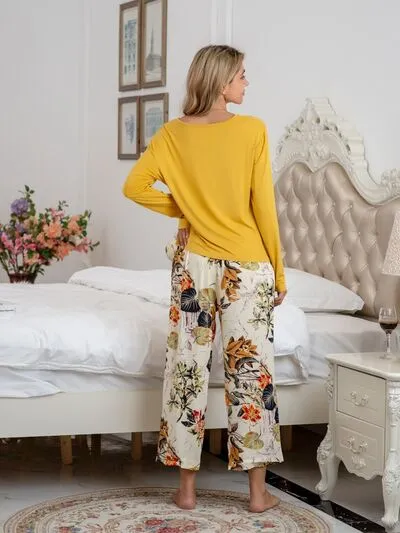 Round Neck Top and Printed Pants Lounge Set