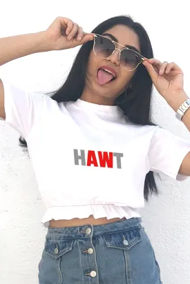 Ruffle Crop Hawt Graphic Printed Tshirt White