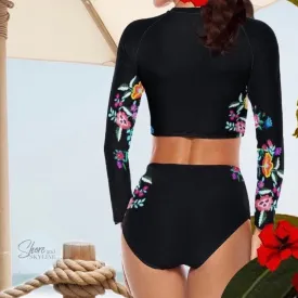 S-2XL Bamba Monarca Surf-crop black floral two-piece UPF long-sleeve swimsuit padded rashguard top swim brief flowers Shore and Skyline