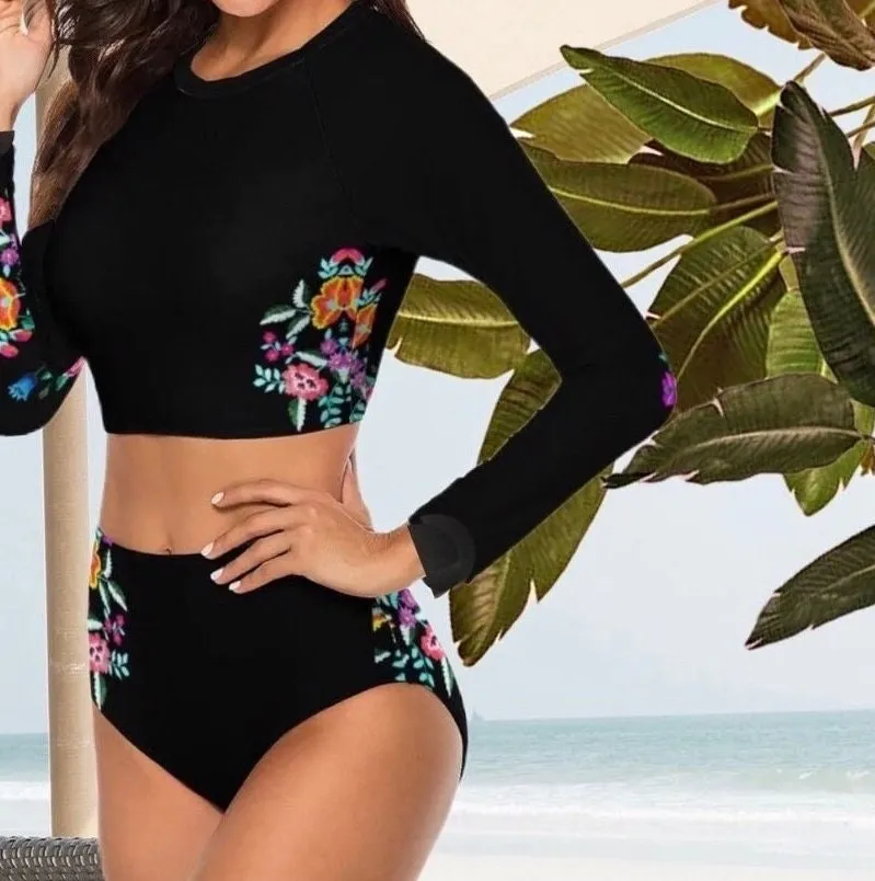 S-2XL Bamba Monarca Surf-crop black floral two-piece UPF long-sleeve swimsuit padded rashguard top swim brief flowers Shore and Skyline