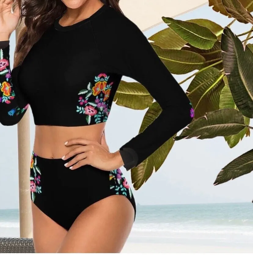 S-2XL Bamba MONARCA surfcrop swimsuit black floral long sleeve padded cup rashguard top full modest high waist swim brief ShoreandSkyline