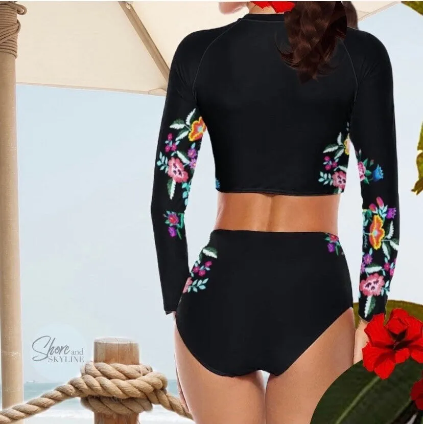 S-2XL Bamba MONARCA surfcrop swimsuit black floral long sleeve padded cup rashguard top full modest high waist swim brief ShoreandSkyline