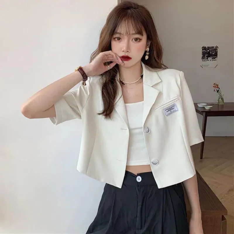 Short Sleeve Blazer Jacket Ladies Summer 2024 New Thin Notched Collar Suit Coat Women Casual Wild Black White Short Outwear Tops