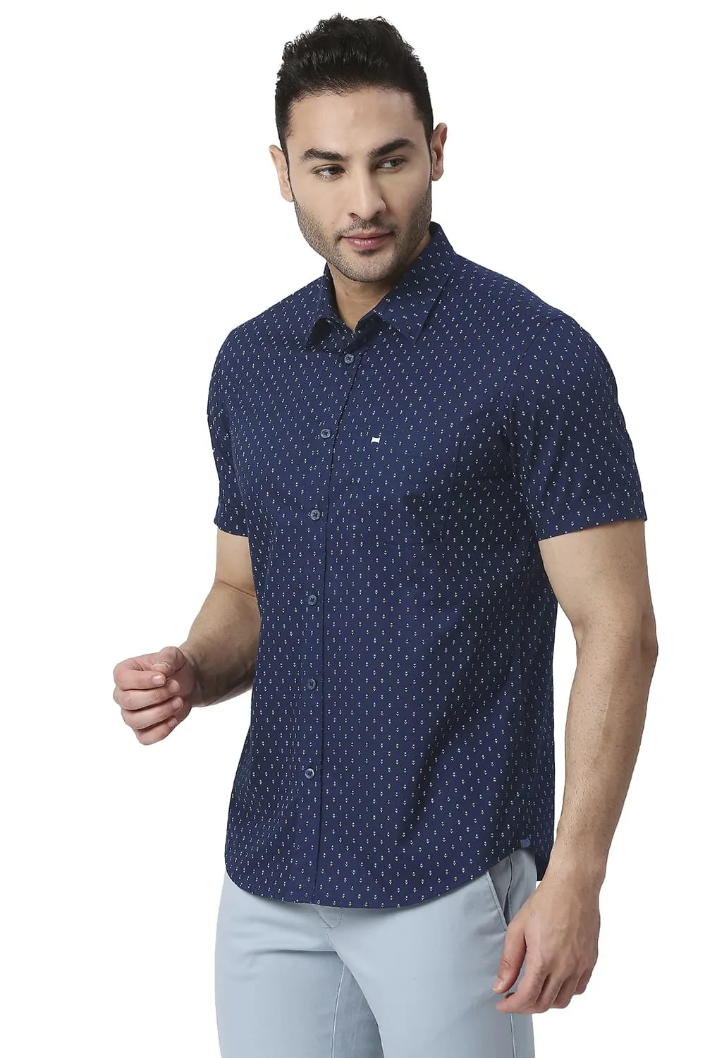 Slim Fit Cotton Oxford Printed Halfsleeves Shirt