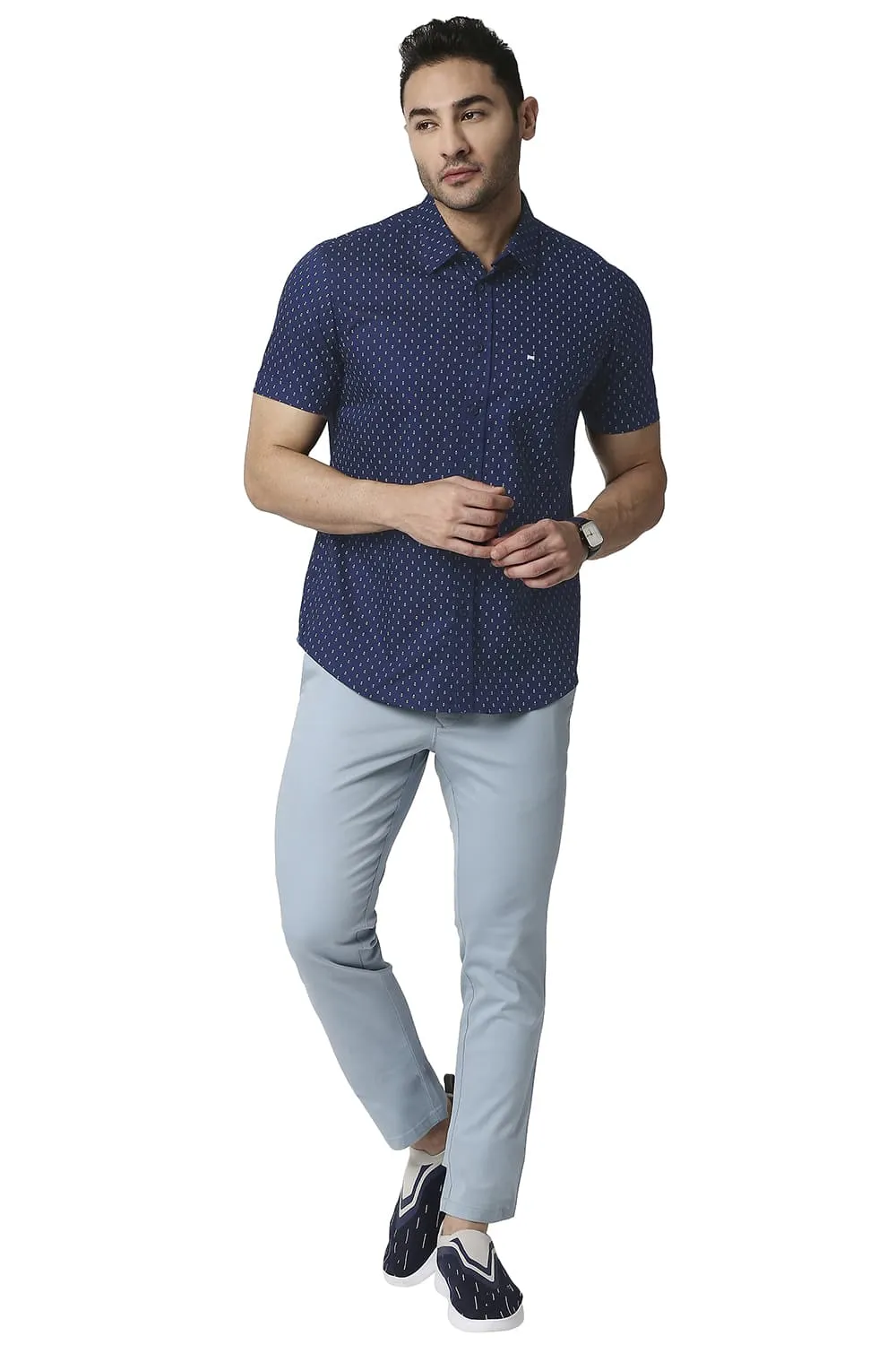 Slim Fit Cotton Oxford Printed Halfsleeves Shirt