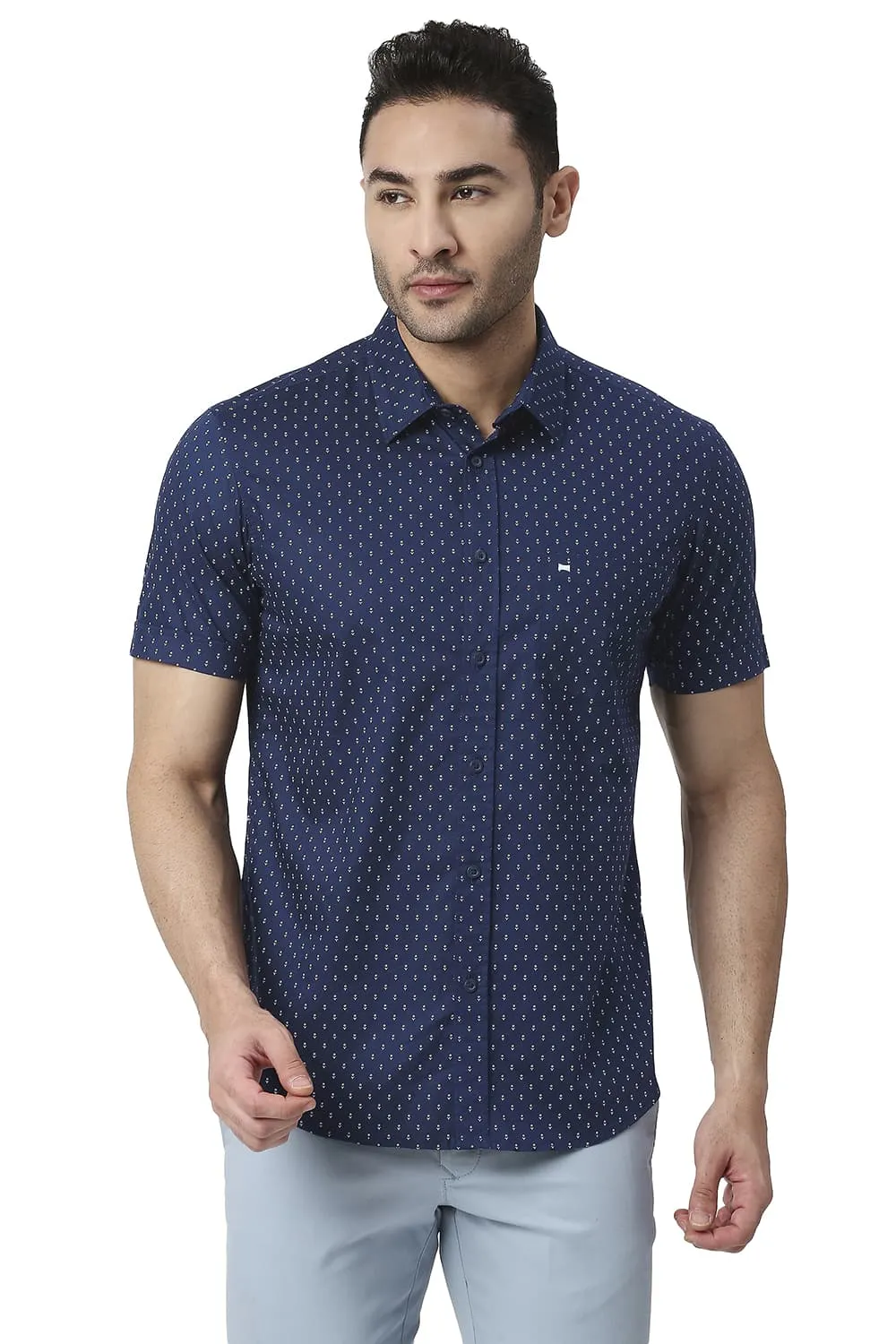 Slim Fit Cotton Oxford Printed Halfsleeves Shirt