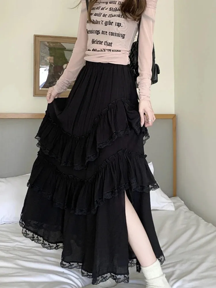 TAVIMART  -  Fashion Skirts for Women Streetwear Party French Style Skirts Solid Lace Split Mermaid Sweet Midi 2024 New Spring Summer Skirts