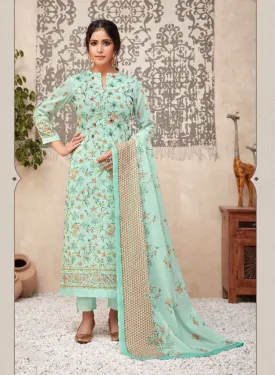 Unstitched Green Printed Cotton Suits With Kota Work