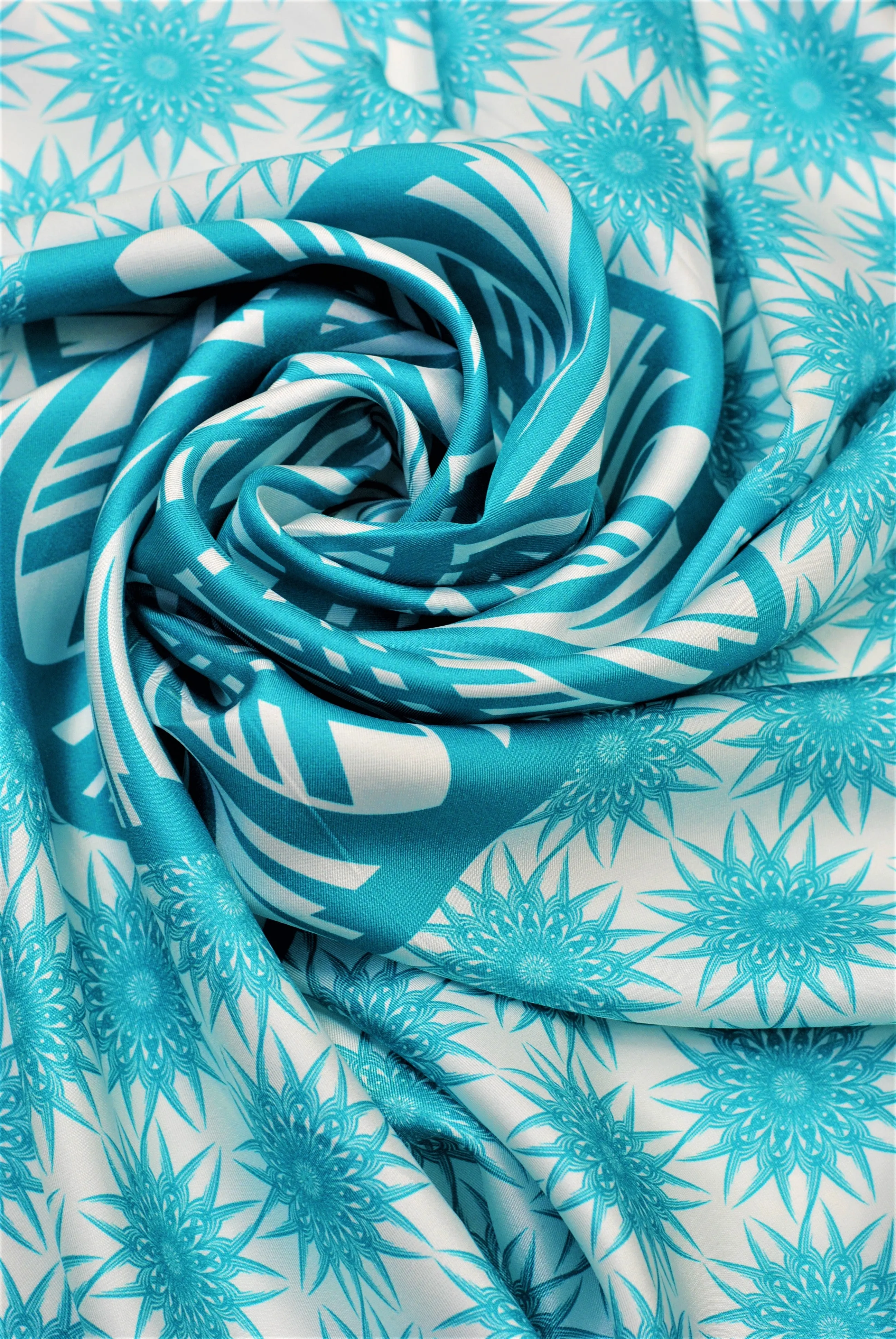 WISDOM Mandala Designer 100% Silk Square Scarf in Turquoise White