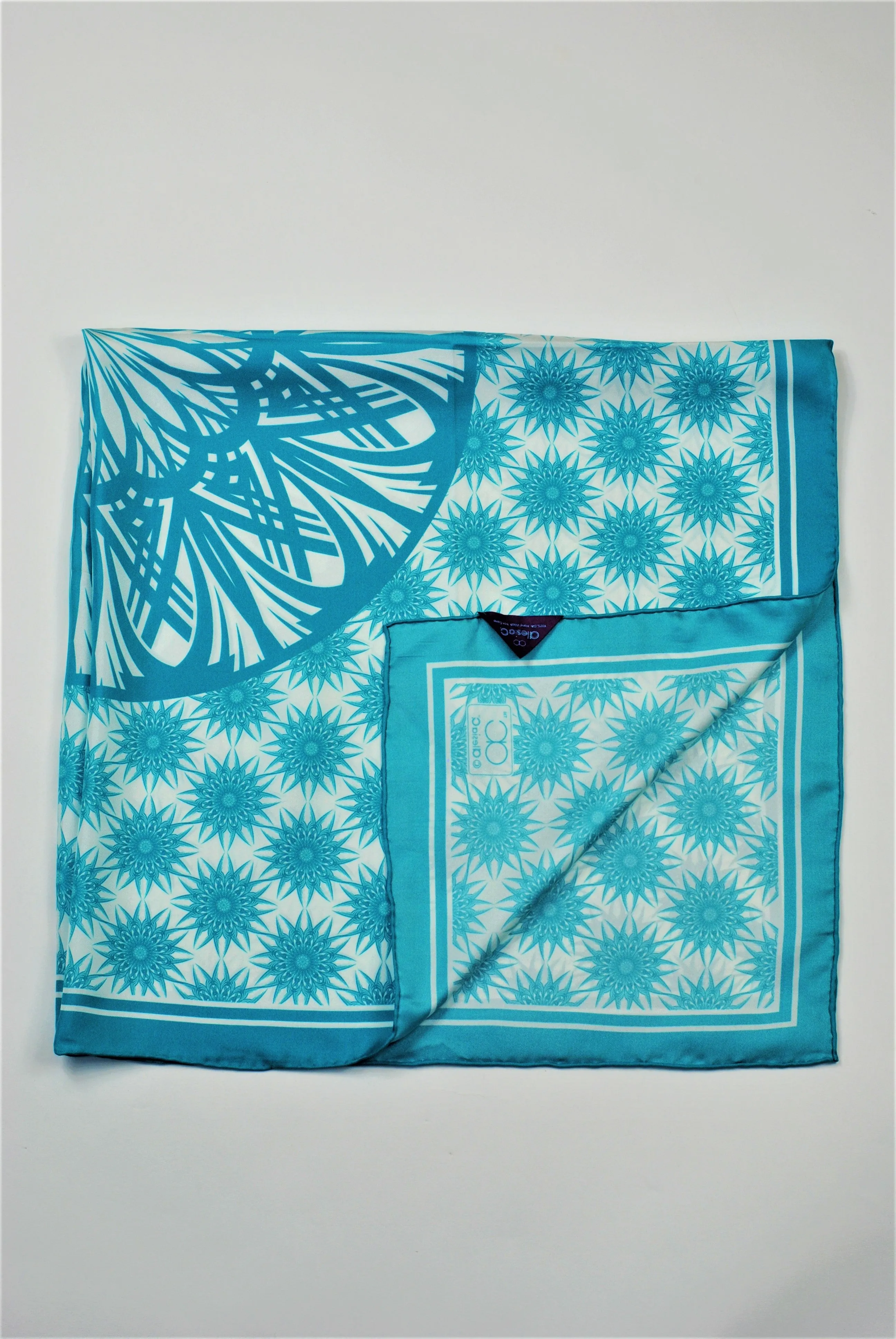 WISDOM Mandala Designer 100% Silk Square Scarf in Turquoise White